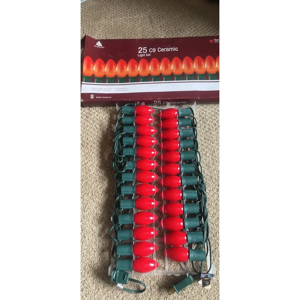 Enchanted Forest 25 C9 Ceramic Light Set Red Bulbs Green Wire Indoor Outdoor NIB